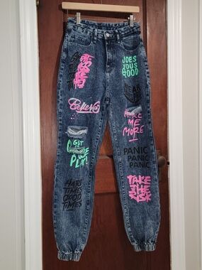 Dark Wash Graffiti-Print Women’s Jeans - Pink & Green Accents New